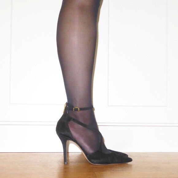 USED Women's Jessica Simpson Wynnley Black Lux Suede Strappy Stiletto Heels 8.5M - Picture 2 of 16